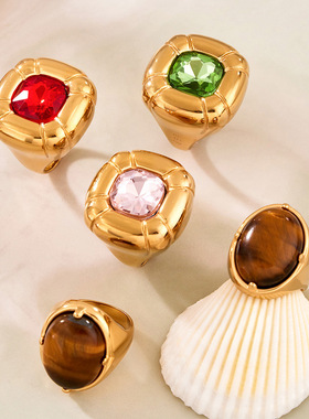 欧美新款不锈钢方形玻璃石环形戒指复古设计感天然虎眼石戒指组合