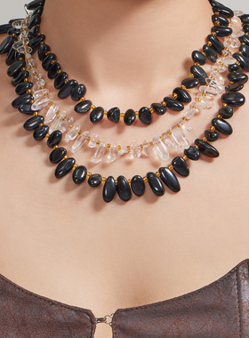 黑白色手工串珠不规则天然石项链组合 ins欧美新款小众轻奢锁骨链