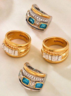 中古风轻奢不锈钢镶玻璃石环形戒指组合高质感排钻设计指环不掉色