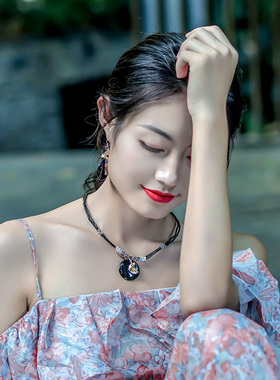 忆奴娇黑玛瑙项链水晶锁骨链