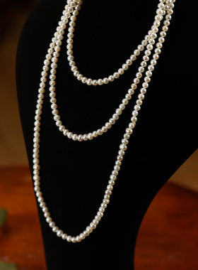 华丽舞会设计感多层天然珍珠项链法式长链欧美复古气质晚礼服配饰