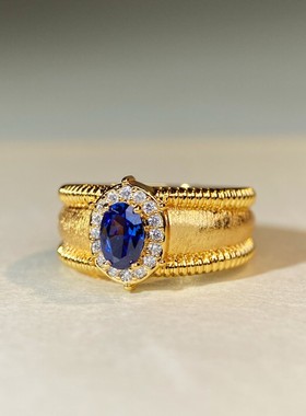 复古手工拉丝蓝宝石戒指