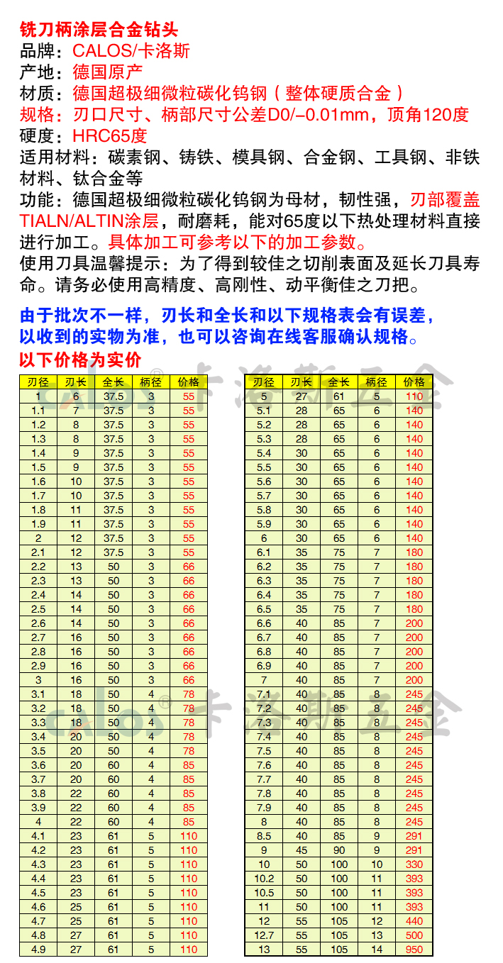 德国进口CALOS 整体硬质合金钨钢涂层铣刀柄钻头 8mm HRC65 - 图3