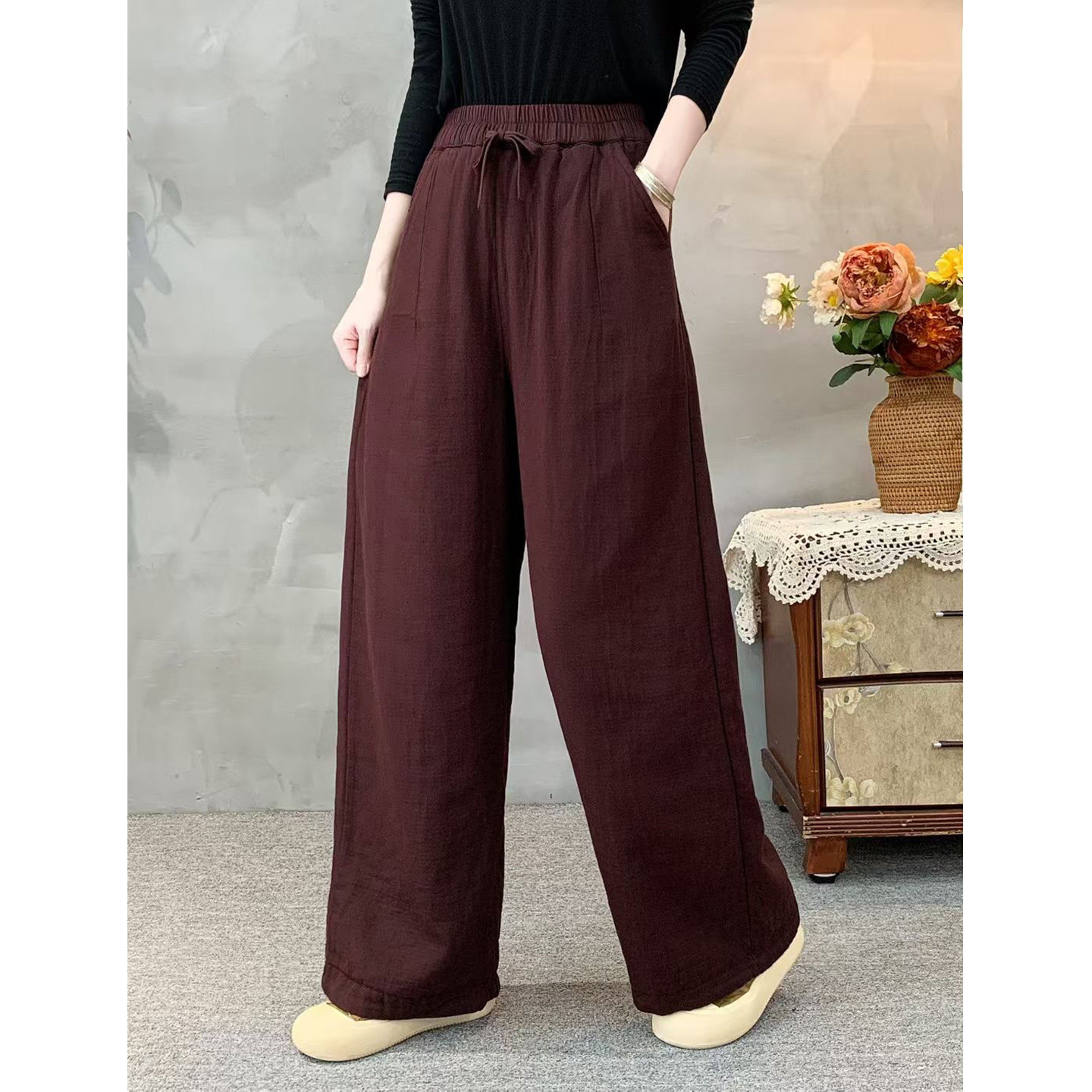 复古加绒加厚棉纱松紧腰系带休闲裤女春秋大码显瘦百搭阔脚直筒裤,淘宝优惠券,粉丝福利购,淘宝优惠卷