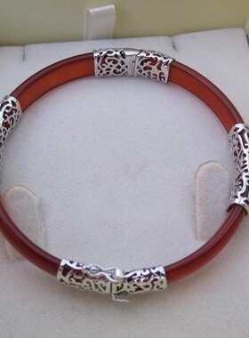 诗美琪中国红玛瑙925银四银边开口本命年女士礼物玛瑙手镯