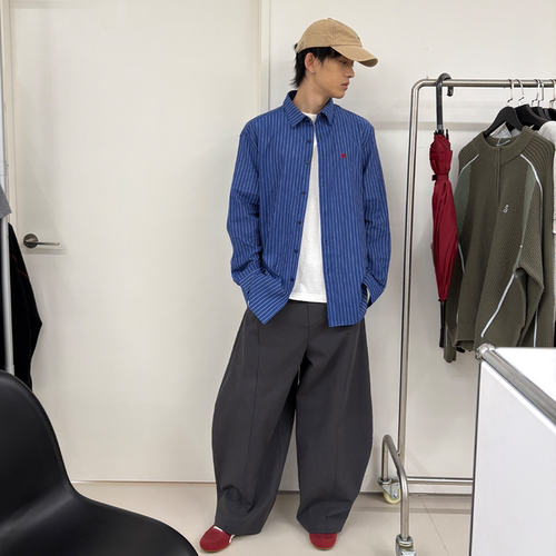 roaringwild a arch 咆哮野兽 蓝色条纹亚麻衬衫宽松休闲长袖衬衣 - 图3