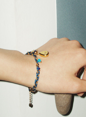 自然论藏式风格手编绳水滴吊坠民族风手链蓝色原创设计