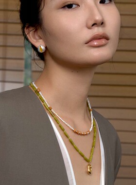 自然论WASABI绿色橄榄石玉石长项链不规则原创复古小众串珠百搭