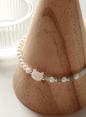 可爱小猫星星海蓝宝方糖手链