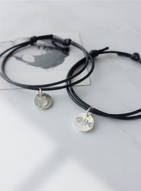 仲夏至简约原创925银猫鱼可爱情侣男女对手绳爱情吊牌黑百搭潮