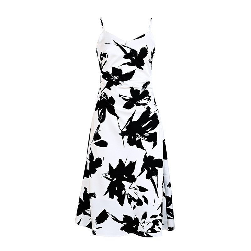 HeyDress法式吊带连衣裙女夏季抽褶显瘦设计艺术感印花裙裙子,淘宝优惠券,粉丝福利购,淘宝优惠卷