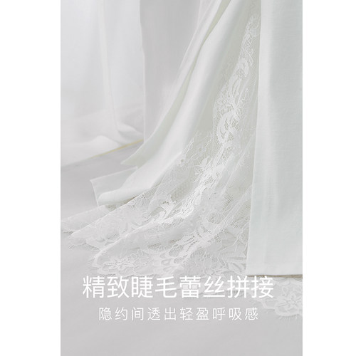Amii度假风圆领全棉拼接蕾丝落肩袖T恤女2026夏新款宽松开叉上衣 - 图3