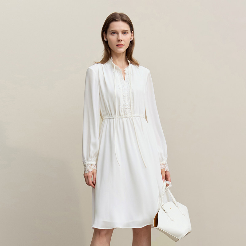 Amii2026春新款优雅浪漫法式风拼蕾丝绑带连衣裙女橡筋收腰雪纺裙,淘宝优惠券,粉丝福利购,淘宝优惠卷