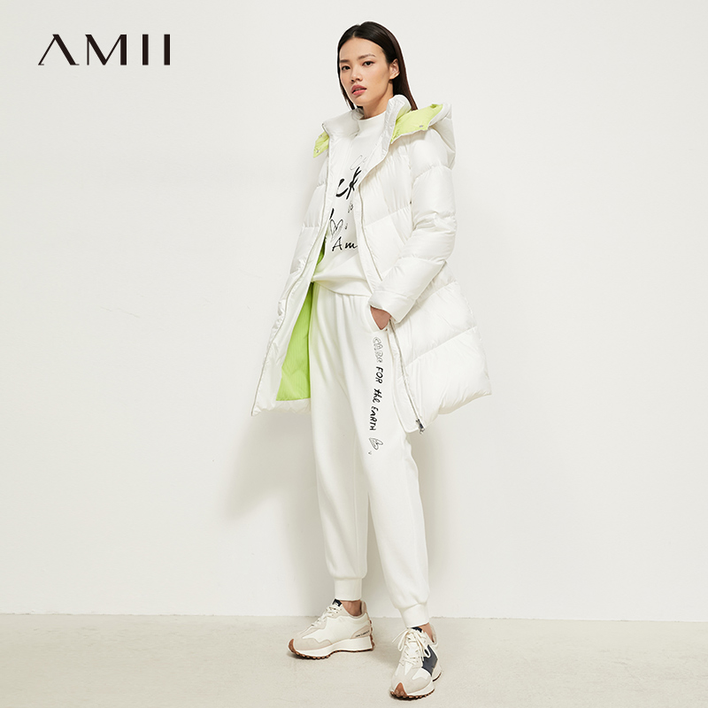 Amii2024冬季新款石墨烯连帽羽绒服女中长款鸭绒加厚黑色外套 - 图0