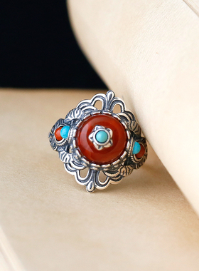 S925纯银镶嵌南红玛瑙戒指