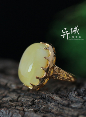 天然蜜蜡戒指925纯银复古感男女