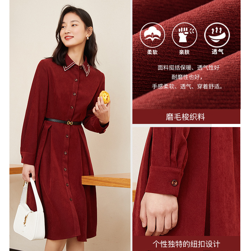 灯芯绒红色女2022年春装新款连衣裙 衣香丽影连衣裙