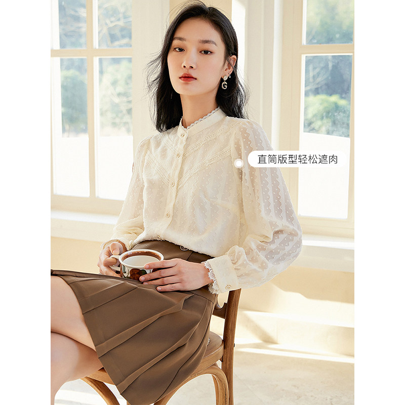 白色立领蕾丝女2022年春装新款衬衫 衣香丽影衬衫