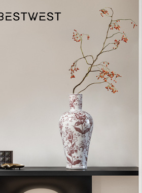 新中式复古青花瓷陶瓷花摆件家居级感陶花器装饰品