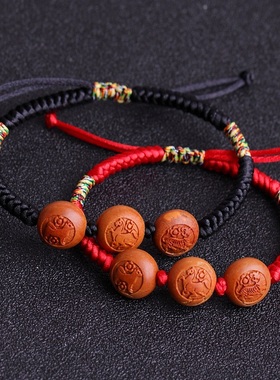 桃木生肖猴手工编织本命年红绳