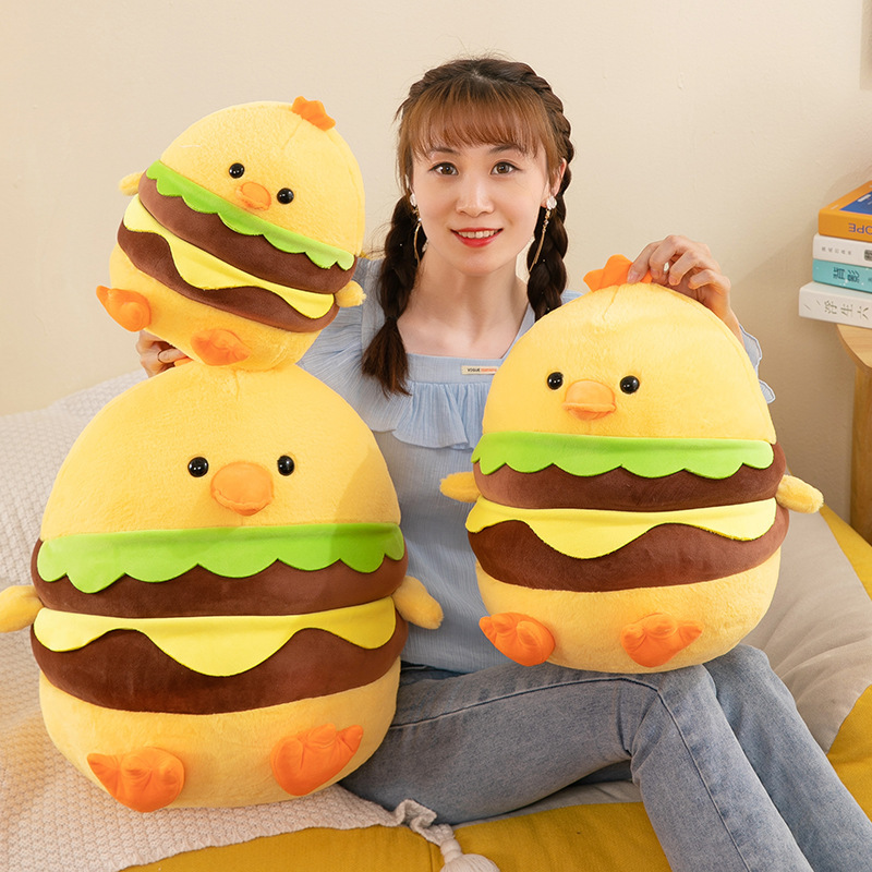 新款呆萌汉堡鸡儿童安抚布娃娃毛绒玩具女生卧室公仔抱枕小鸡玩偶 - 图1