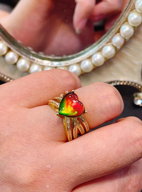 欧美个性复古天然原色炫彩鸽子蛋欧泊纯银S925戒指男女可带开口