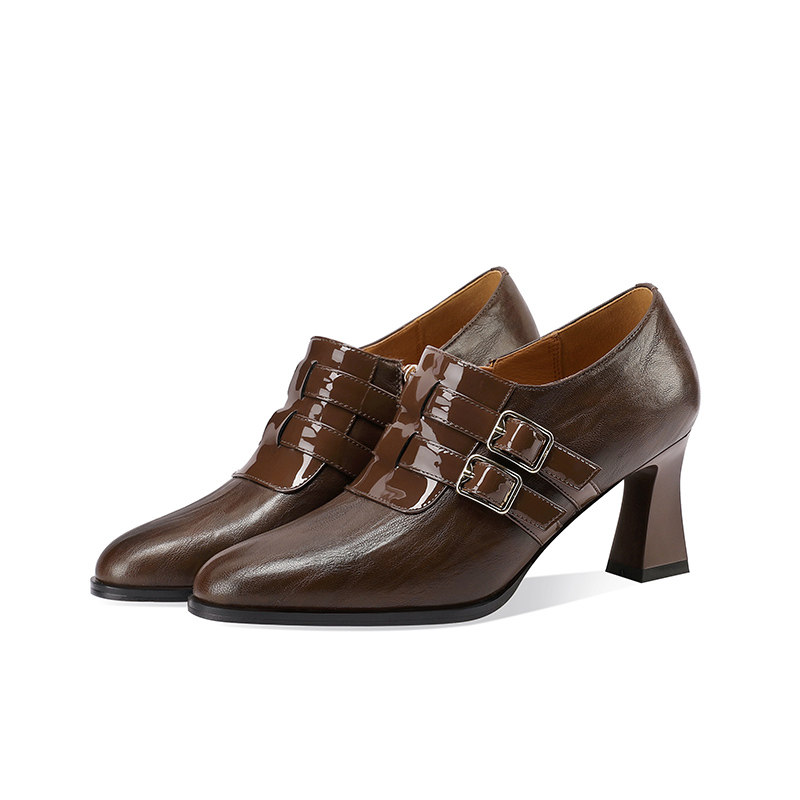 英伦风圆头小皮鞋女2024秋季新款百搭真皮深口单鞋春秋粗跟高跟鞋,淘宝优惠券,粉丝福利购,淘宝优惠卷