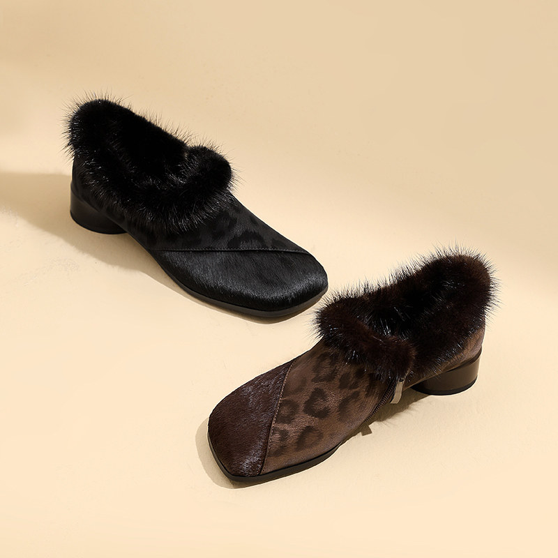 复古秋冬新款粗跟貂毛毛鞋豹纹马毛拼接小皮鞋加绒保暖深口单鞋女,淘宝优惠券,粉丝福利购,淘宝优惠卷