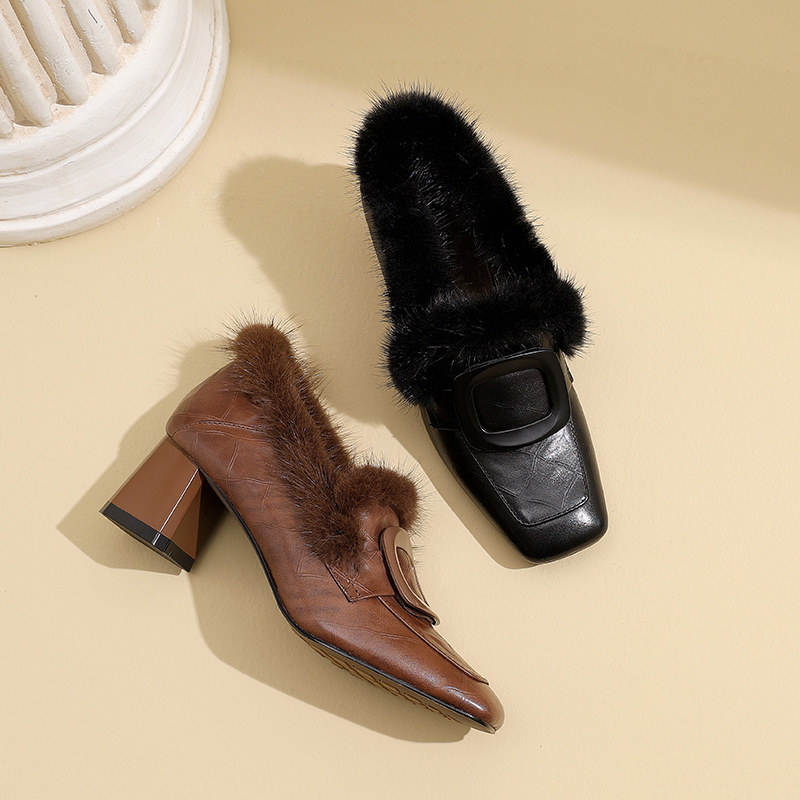 秋冬季新款方头一脚蹬小皮鞋洋气貂毛毛鞋加绒高跟粗跟深口单鞋女,淘宝优惠券,粉丝福利购,淘宝优惠卷