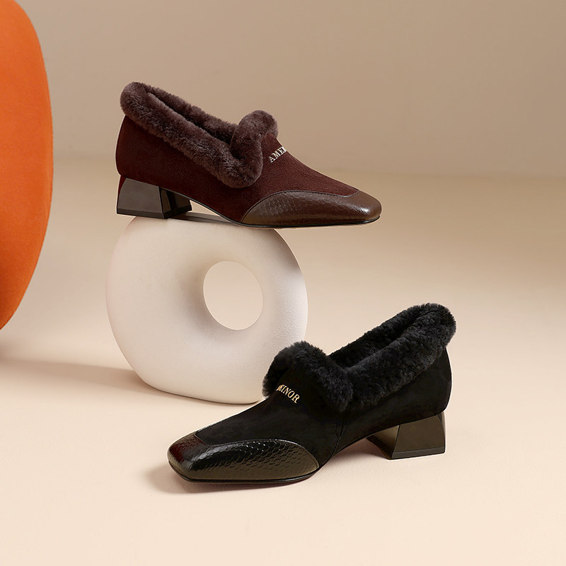 英伦风秋冬羊羔毛毛鞋加绒保暖深口单鞋一脚蹬乐福鞋低跟真皮女鞋,淘宝优惠券,粉丝福利购,淘宝优惠卷