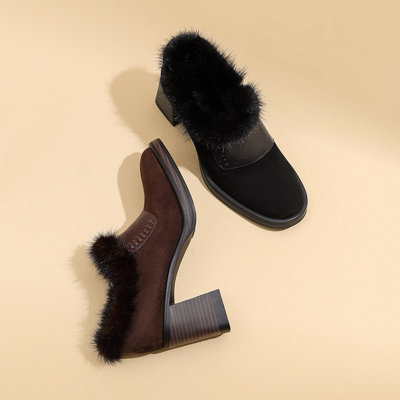 冬季新款羊皮拼接粗跟小皮鞋气质小个子高跟鞋时尚加绒深口单鞋女,淘宝优惠券,粉丝福利购,淘宝优惠卷