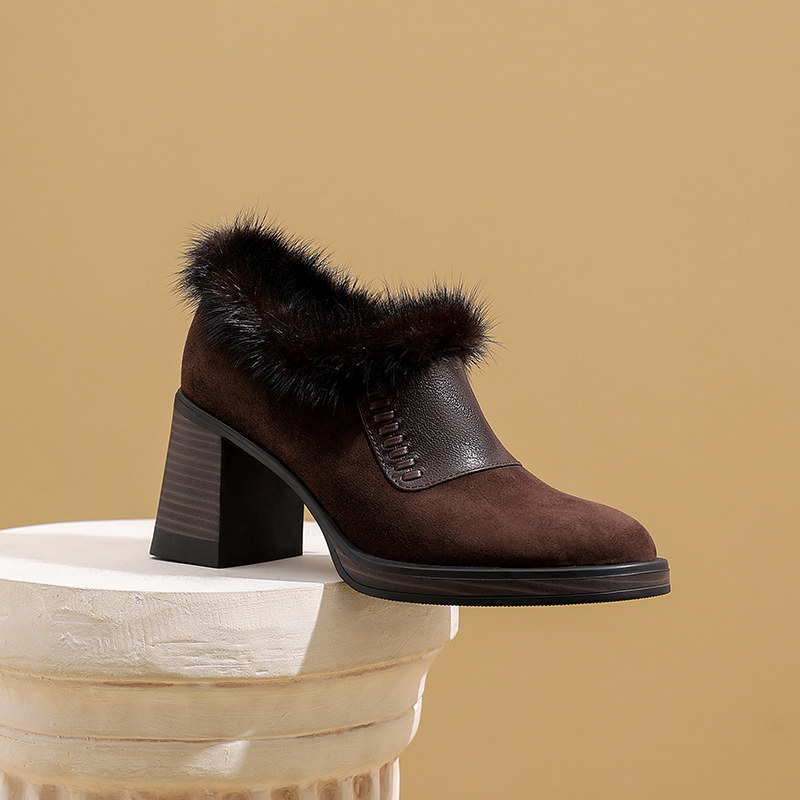 冬季新款羊皮拼接粗跟小皮鞋气质小个子高跟鞋时尚加绒深口单鞋女,淘宝优惠券,粉丝福利购,淘宝优惠卷