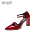 Giày cao gót bằng da màu đỏ Baotou nữ mùa hè 2019 mới mũi nhọn bốn mùa giày từ khóa dày với giày cao gót - Sandal