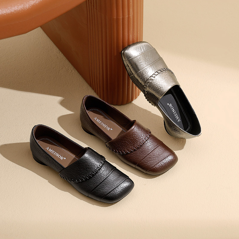 2025新款软底软皮一脚蹬小皮鞋舒适拼接低跟方头深口单鞋乐福鞋女,淘宝优惠券,粉丝福利购,淘宝优惠卷