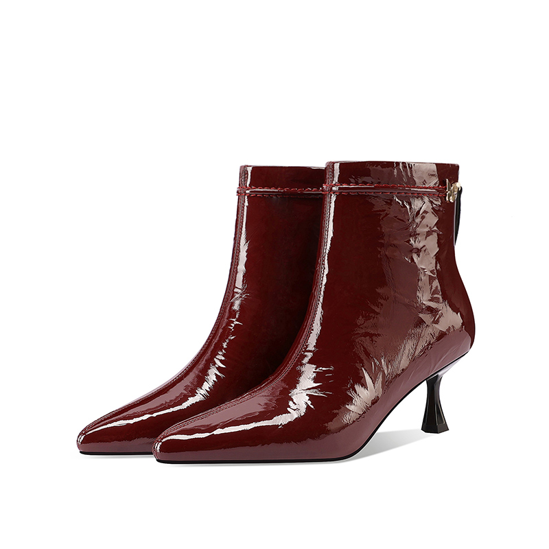 酒红色软漆皮尖头短靴女2025秋冬季新款洋气真皮配裙子细高跟靴子 - 图3