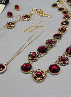 欧美古董红色耳夹项链