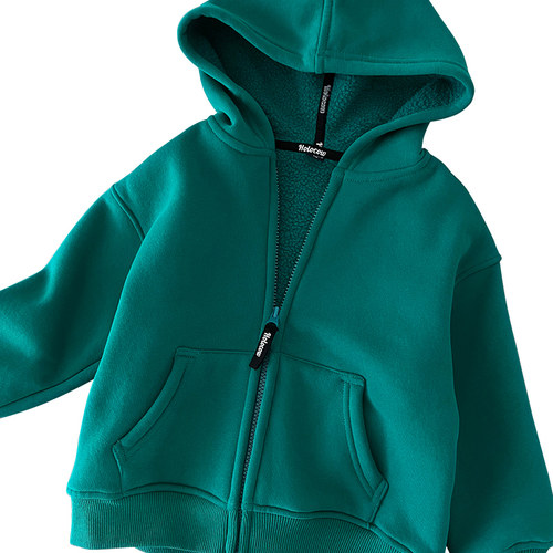 儿童加绒连帽拉链衫卫衣加厚外套~男童纯色摇粒绒保暖帽衫中大童 - 图3