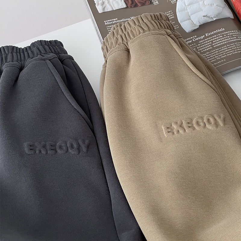 秋冬季男童一体绒保暖运动棉裤中大童加绒休闲长裤子纯色束脚卫裤 - 图1