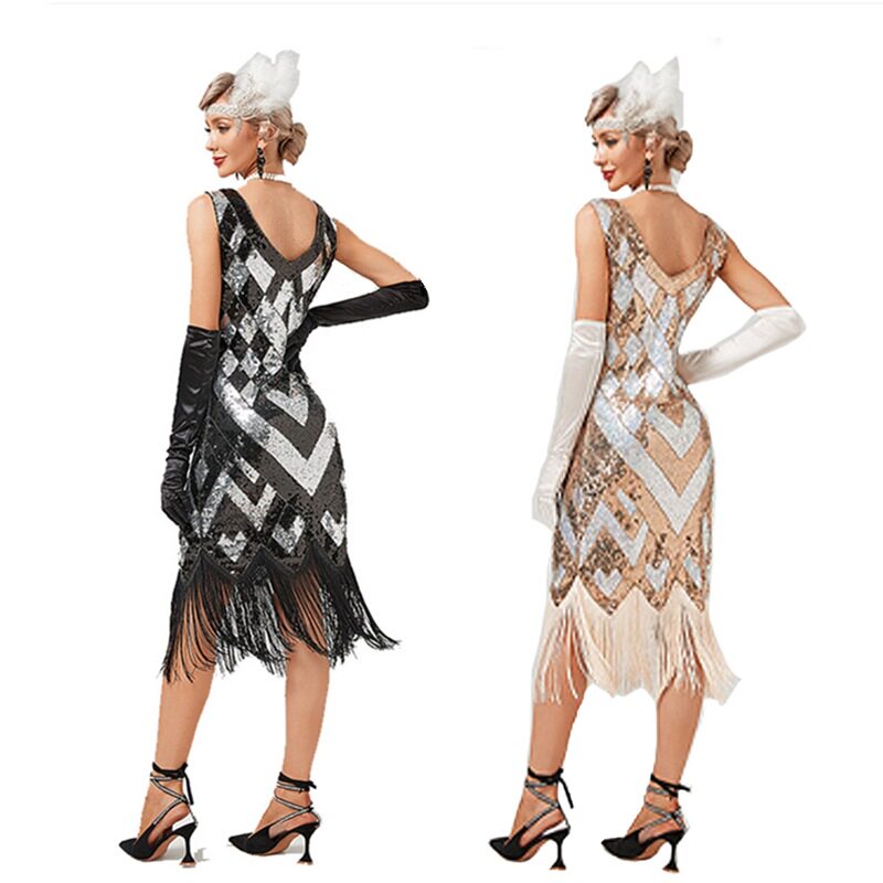 新款1920S复古盖茨比舞会宴会晚礼服性感亮片流苏连衣裙 - 图3