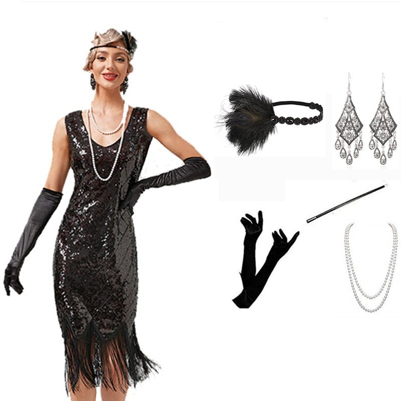 新款1920S复古盖茨比舞会宴会晚礼服性感亮片流苏连衣裙 - 图1