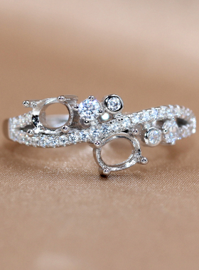 精工S925银戒指空托指环镂空镶钻繁花轻奢双头双生花3*4-4*5-4*6