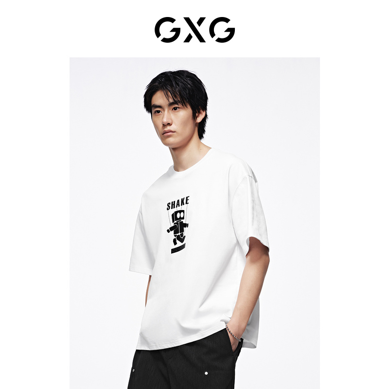【重磅】GXG男装 235g白色图案印花纯棉休闲圆领短袖T恤 24夏新品 - 图2