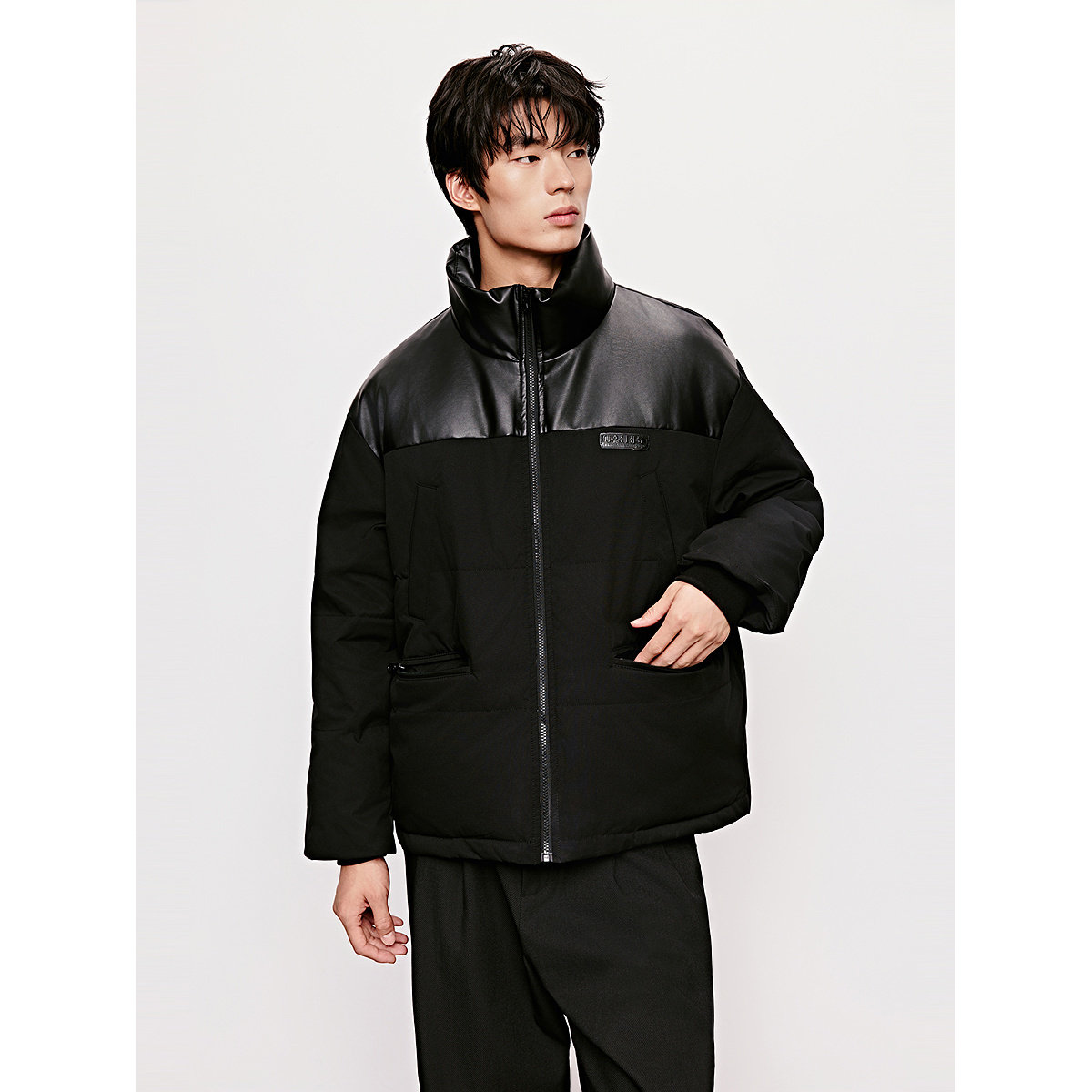 GXG男装 pu皮拼接立领棉服男潮流通勤加厚棉衣面包服外套冬季热销