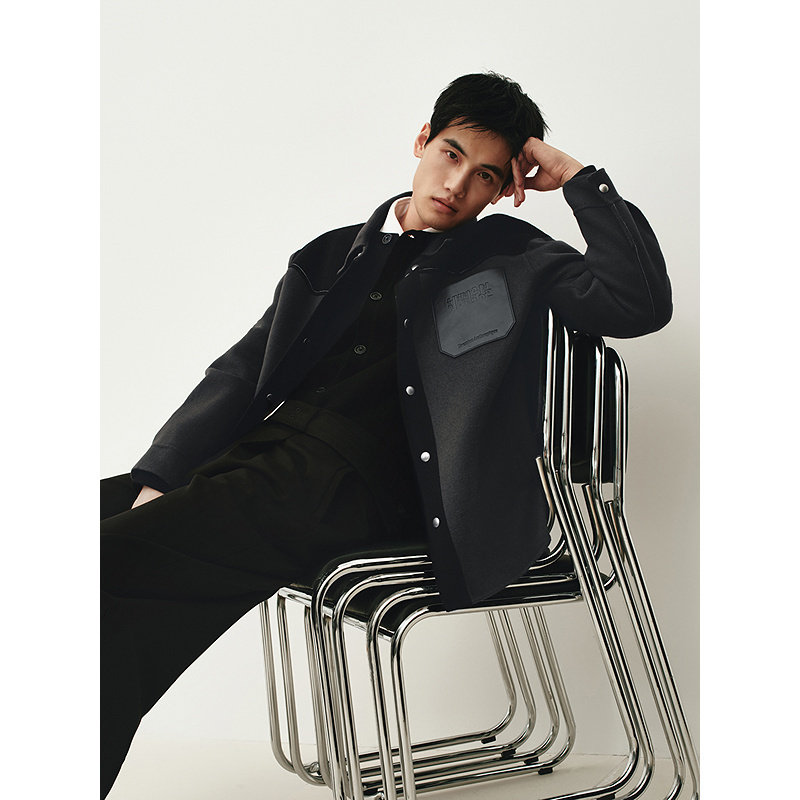 GXG男装 深灰色pu皮口袋拼接短款含羊毛大衣夹克外套  秋冬热销