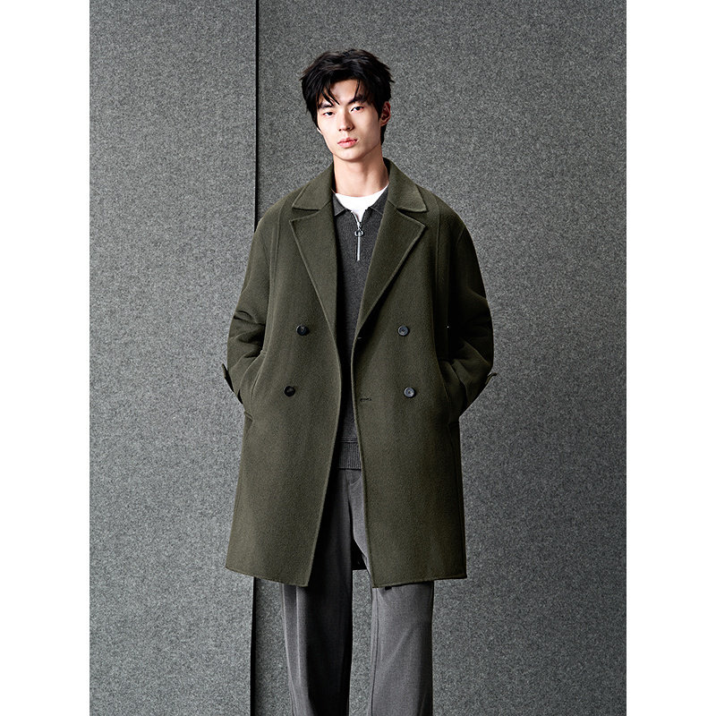 GXG男装 定织羊毛混纺平驳领经典双排扣中长款毛呢大衣 秋冬热销