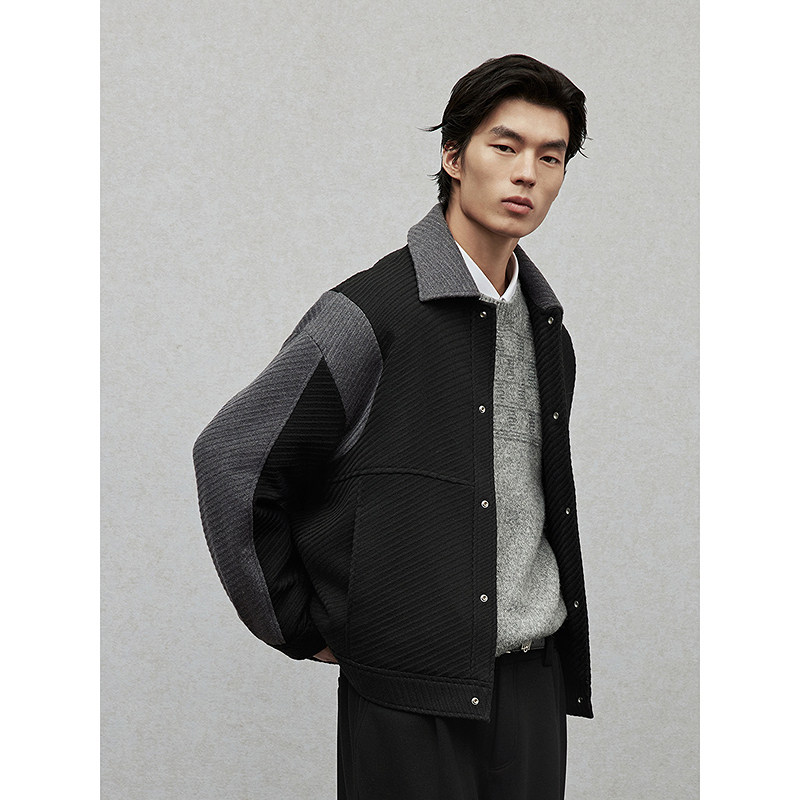 GXG男装 黑色拼接设计时尚夹克短款大衣外套男士 25年冬季热销