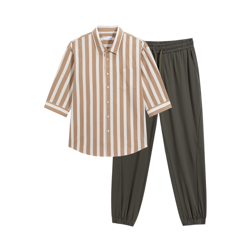 GXG男装  24夏季新款泡泡纱条纹翻领衬衫冰丝提花束脚休闲裤 套装,淘宝优惠券,粉丝福利购,淘宝优惠卷