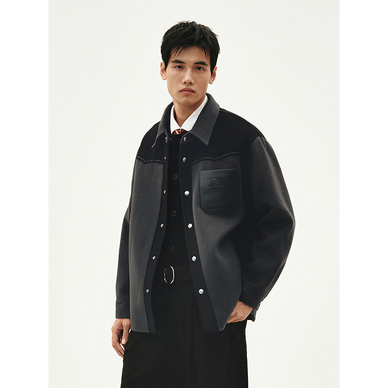 GXG男装 深灰色pu皮口袋拼接短款含羊毛大衣夹克外套  秋冬热销