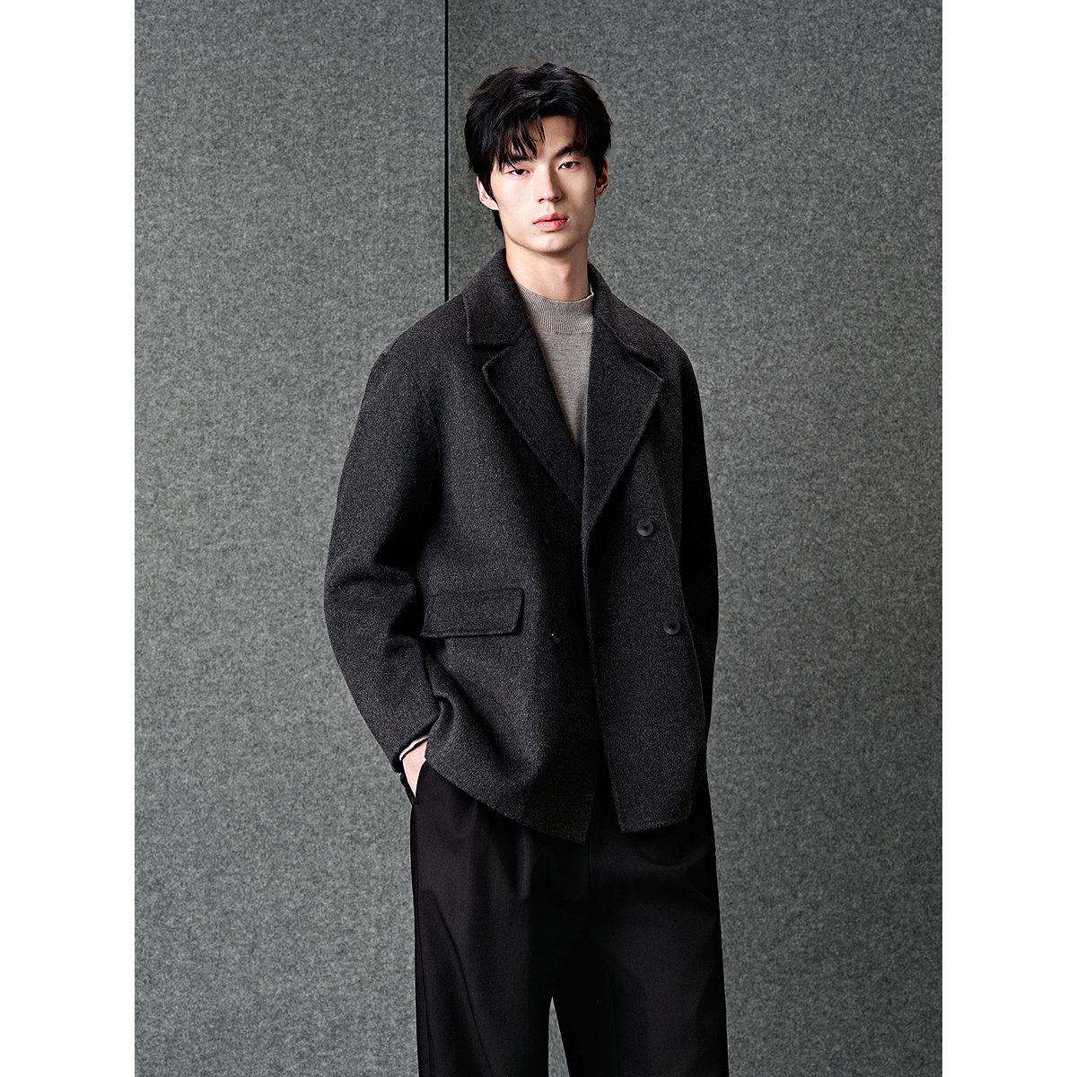 GXG男装 灰色商务通勤单排扣西装短款毛呢羊毛大衣外套 冬季热销