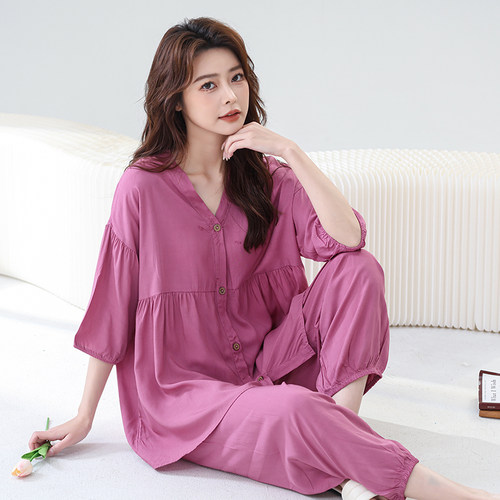 妈妈棉绸睡衣女中老年人造棉夏季绵绸七分袖套装两件套家居服加大 - 图2
